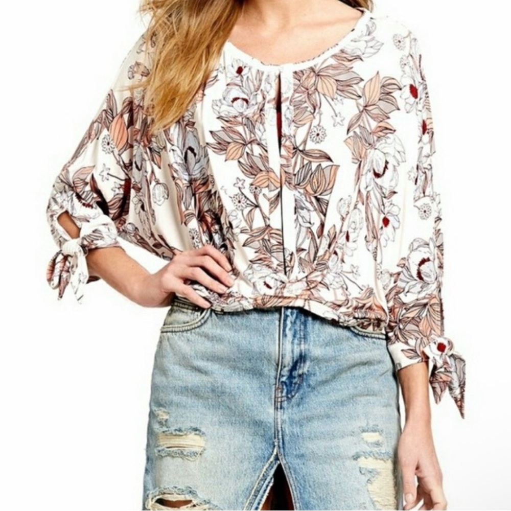 Free People Floral Twisted Front Tie Sleeve Top OB616084 White Pink Boho